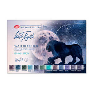 WHITE NIGHTS Artists' Grade Watercolors set 12 Full Pans Granulating Colors, plastic box by Nevskaya Palitra