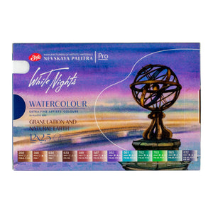 White Nights Extra Fine Artists Grade Professional Watercolors set 12 Full Pans Granulation and Natural Earth Colors, plastic box by Nevskaya Palitra